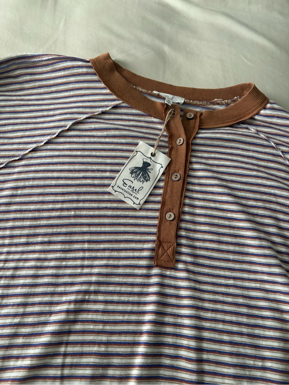 easel Striped Henley with Brown Trim and Blue Accents